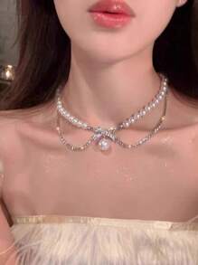 1pc Elegant Faux Pearl Beaded Bowknot Necklace, Fashion Accessory Necklace For Parties, Birthday Gift