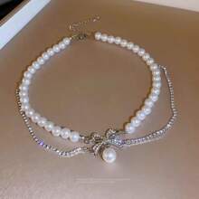 1pc Elegant Faux Pearl Beaded Bowknot Necklace, Fashion Accessory Necklace For Parties, Birthday Gift