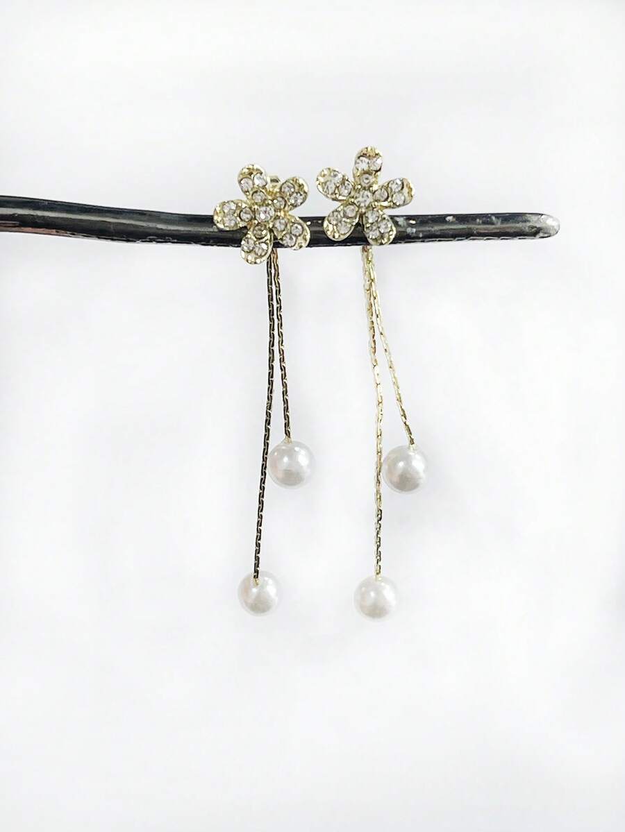 1 Pair Sparkle Of Two Faux Pearl Zirconia Flower Earrings, Tassel Pearl Earrings, Long And Elegant Earrings