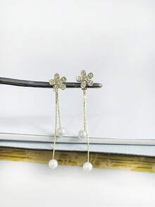 1 Pair Sparkle Of Two Faux Pearl Zirconia Flower Earrings, Tassel Pearl Earrings, Long And Elegant Earrings