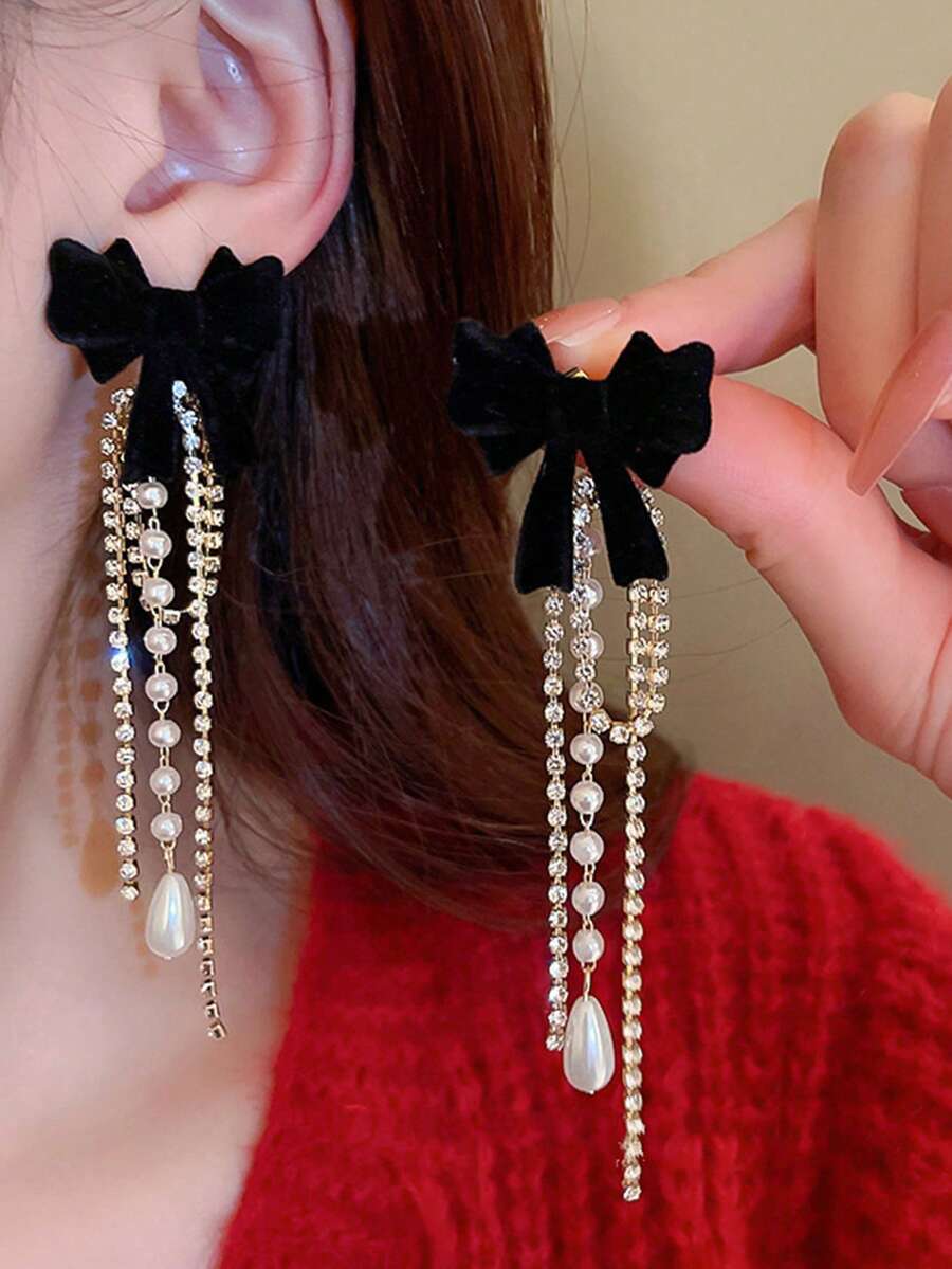 1 Pair Minimalist Bow Pearl Fuzzy Exclusive Elegant Earring