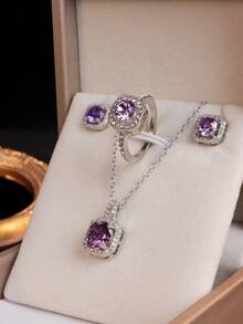 4pcs/Set Rectangular Rhinestone Earrings, Necklace And Ring Set, Elegant Luxury Style, Sophisticated Women's Gift