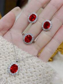 4pcs/Set Rectangular Rhinestone Earrings, Necklace And Ring Set, Elegant Luxury Style, Sophisticated Women's Gift