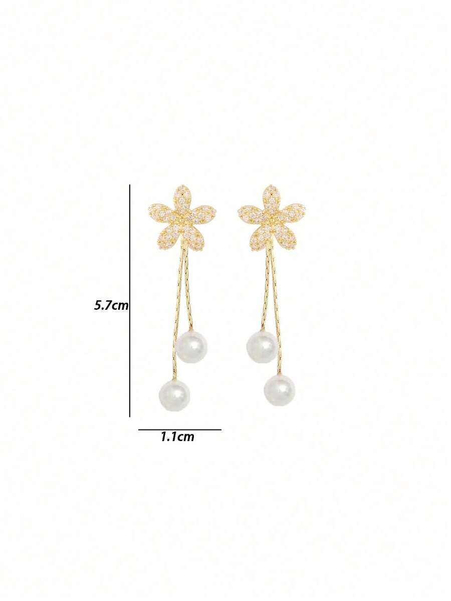 1 Pair Sparkle Of Two Faux Pearl Zirconia Flower Earrings, Tassel Pearl Earrings, Long And Elegant Earrings