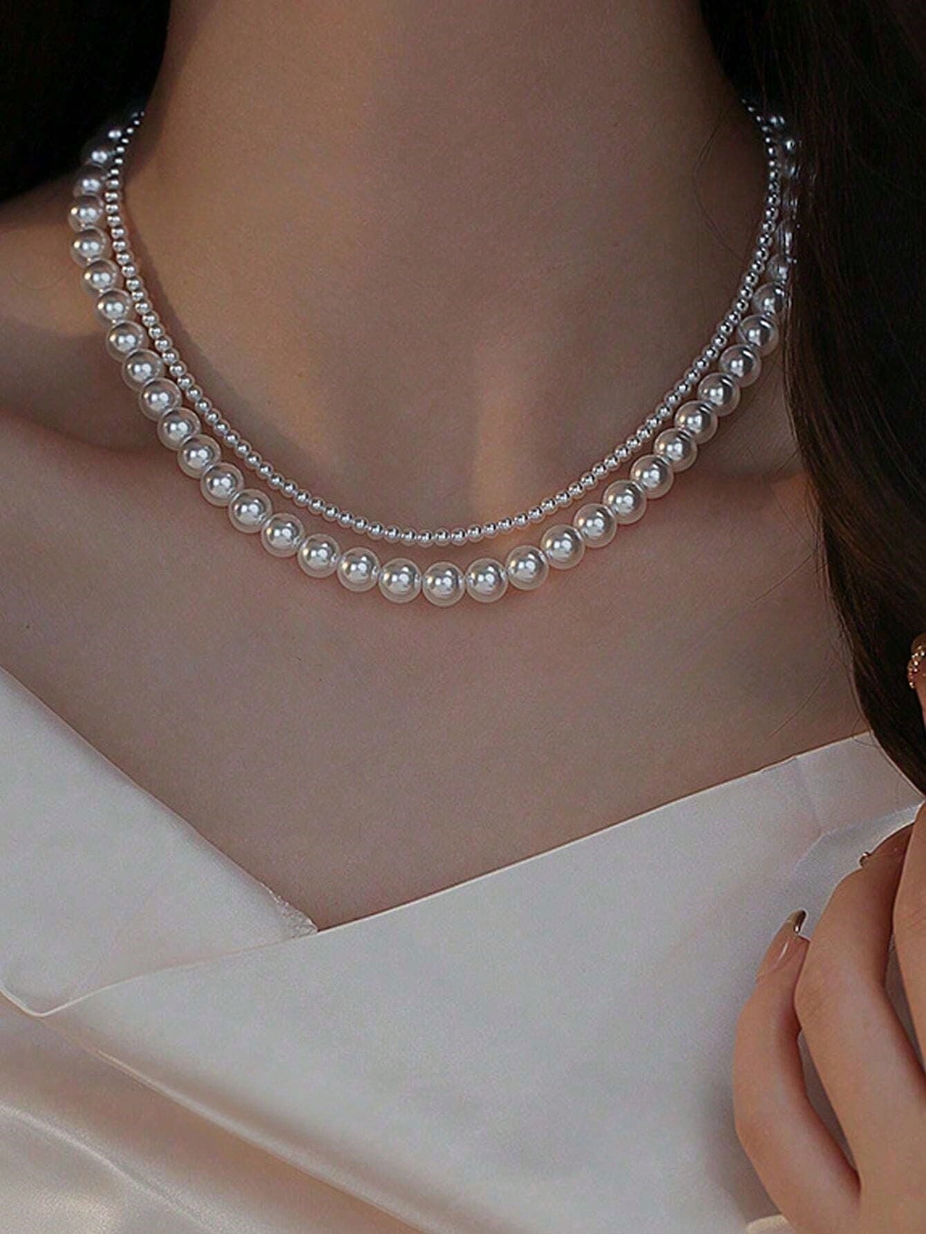 1pc Double Layer Pearl Choker Necklace, Elegant French Style Faux Pearl Wrap Around Necklace For Women, Lightweight Luxury Necklace Suitable For Work, Outdoor, Date Occasions