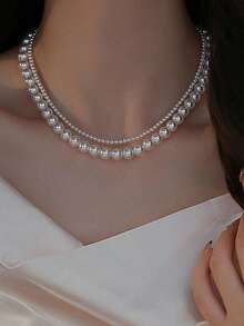1pc Double Layer Pearl Choker Necklace, Elegant French Style Faux Pearl Wrap Around Necklace For Women, Lightweight Luxury Necklace Suitable For Work, Outdoor, Date Occasions