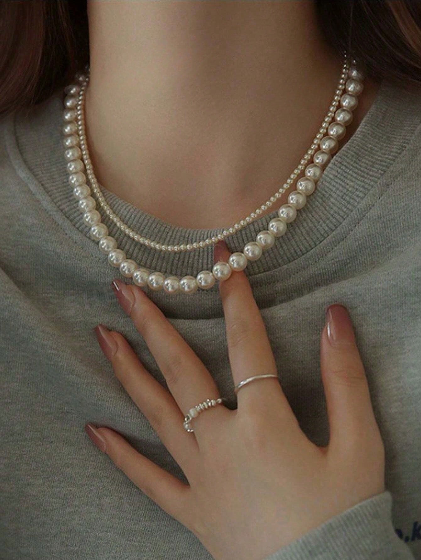 1pc Double Layer Pearl Choker Necklace, Elegant French Style Faux Pearl Wrap Around Necklace For Women, Lightweight Luxury Necklace Suitable For Work, Outdoor, Date Occasions