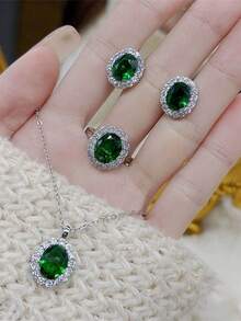 4pcs/Set Rectangular Rhinestone Earrings, Necklace And Ring Set, Elegant Luxury Style, Sophisticated Women's Gift