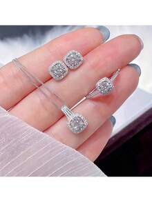 4pcs/Set Rectangular Rhinestone Earrings, Necklace And Ring Set, Elegant Luxury Style, Sophisticated Women's Gift