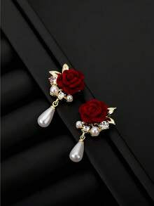 1 Pair Vintage Red Velvet Floral Faux Pearl Elegant Stud Earrings, Suitable For Formal Occasions Halloween