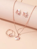 4pcs Rose Gold Cubic Zirconia Flower & Pearl Necklace, Earrings, Ring Set For Women