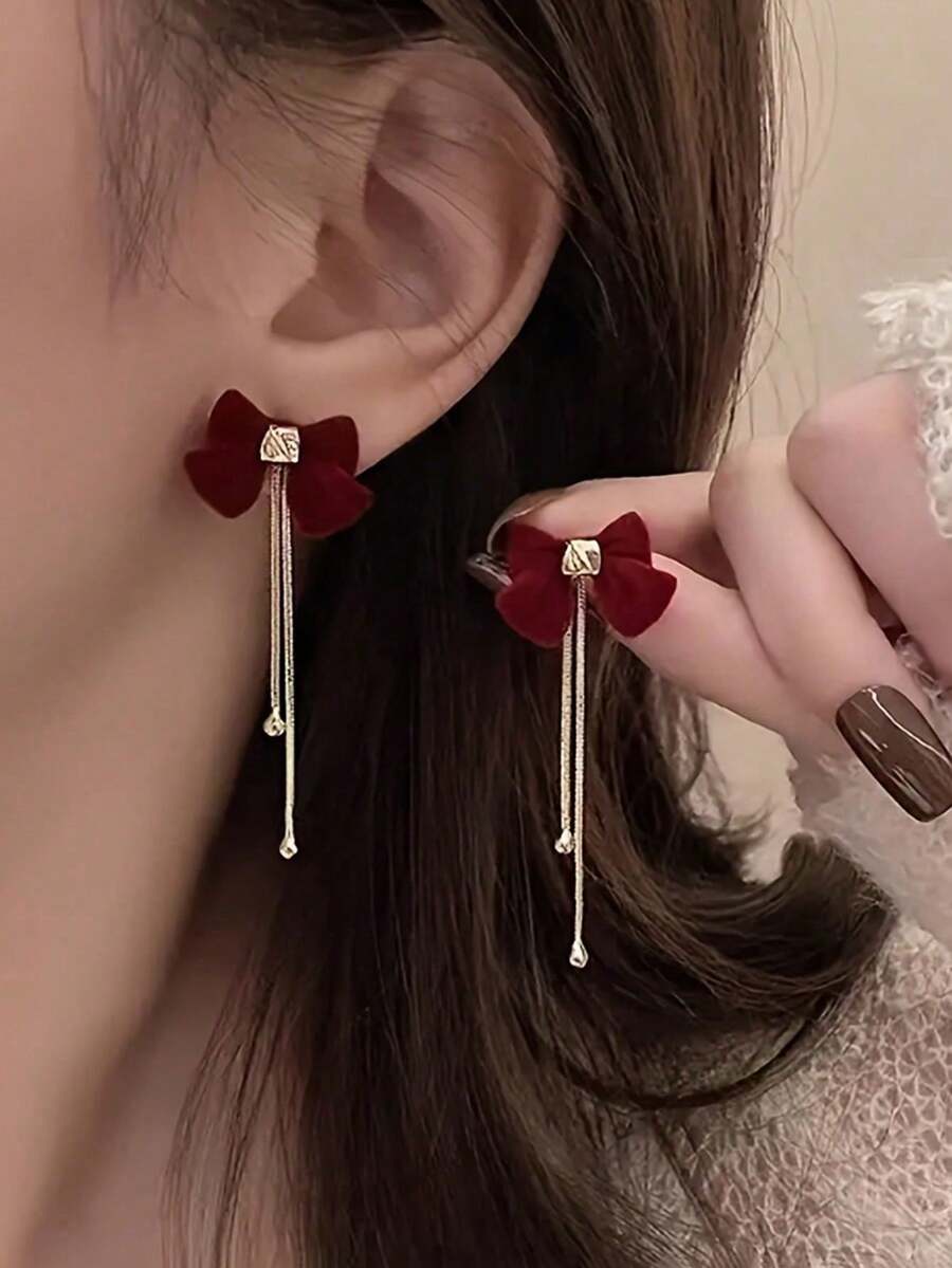 1 Pair Of Retro Autumn And Winter Red Bow Earrings With Faux Pearl Tassel Earrings, Suitable For Wearing On New Year, Christmas, Weddings, Celebrating Holidays Classy