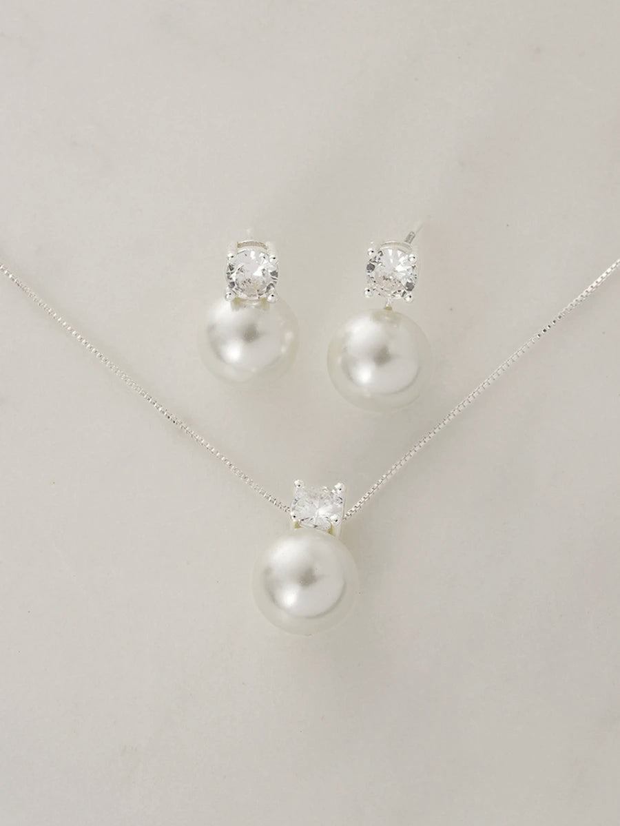 Clariva 3pcs/Set Minimalist Glass Pearl & Zirconia Stone Stud Earrings, Necklace Suit, Elegant For Engagement, Party, Everyday Wear, Mother's Day Gift