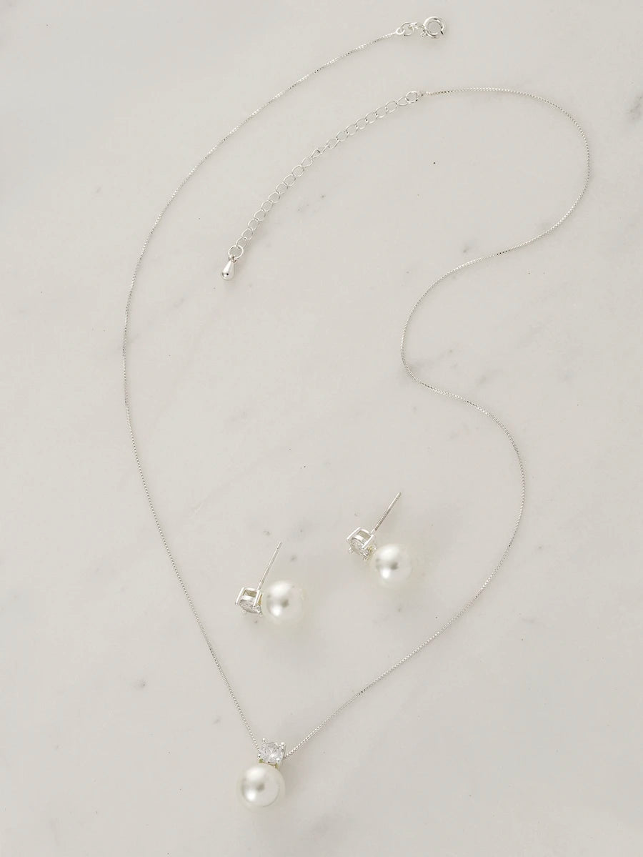 Clariva 3pcs/Set Minimalist Glass Pearl & Zirconia Stone Stud Earrings, Necklace Suit, Elegant For Engagement, Party, Everyday Wear, Mother's Day Gift