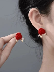 1 Pair Vintage Red Velvet Floral Faux Pearl Elegant Stud Earrings, Suitable For Formal Occasions Halloween