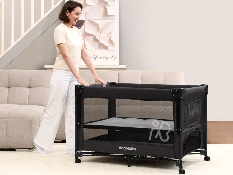 ANGELBLISS Baby Bassinet Bedside Crib, Pack and Play with Mattress, Diaper Changer, One-Push Setup Playards from Infants to Toddlers (Balck)