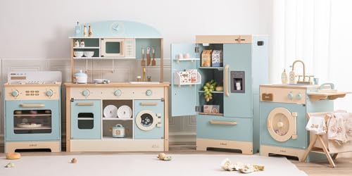 ROBUD Wooden Play Kitchen Set, Kids Toy Kitchen Set with Realistic Design, Utensils, Ice Maker, Fridge, Oven, Washer, Modern Style Play Kitchen with Accessories, Ideal Gift for
