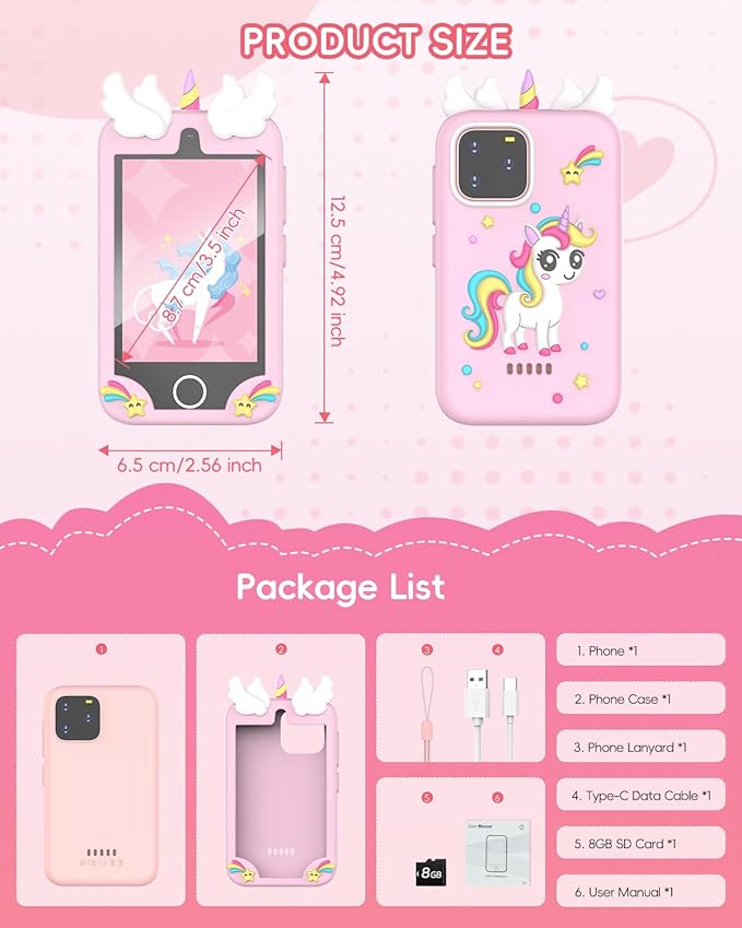 Kids Smart Phone Toy - 3.5" Touchscreen with Dual Cameras, Learning, Fun Entertainment, 8 GB Card Toy Phone for Kids, Toddler Toy Phone for Girls Boys Age 3-12(Pink)