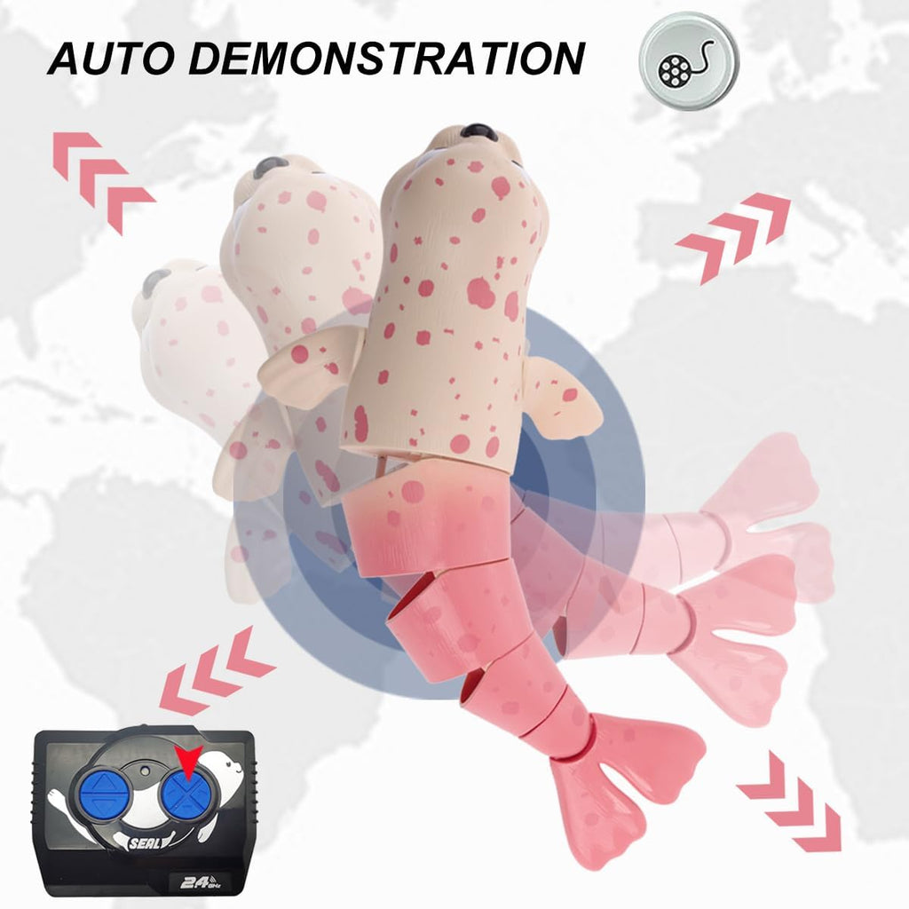 QUN XING Amphibious Remote Control Seal - 2.4Ghz Rechargeable Pool & Land Toy for Kids Ages 3-12, Waterproof Swimming & Crawling Robot with USB-C Charging,Cute Bath Toy for Toddlers & Boys Girls Pink