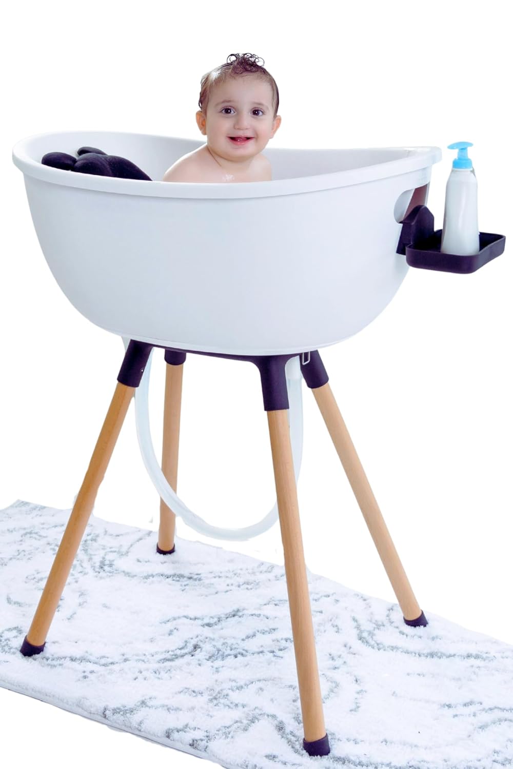 Babu Bath Luxury Baby Bathtub with Wooden Stand – 3-Stage Convertible, Ergonomic & Back-Saving Design (Black Bundle (Modern))v
