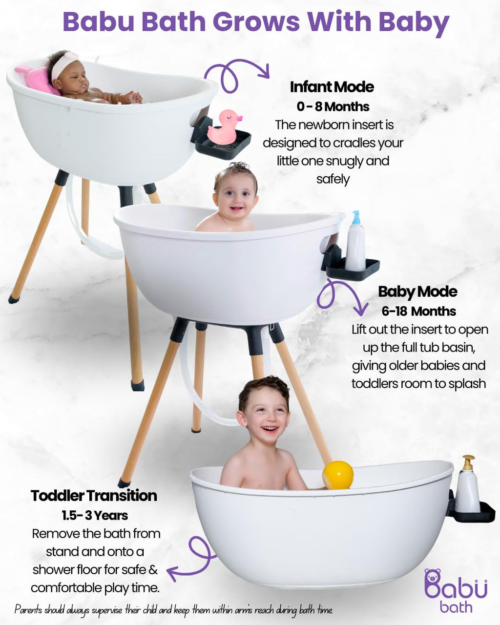 Babu Bath Luxury Baby Bathtub with Wooden Stand – 3-Stage Convertible, Ergonomic & Back-Saving Design (Black Bundle (Modern))v