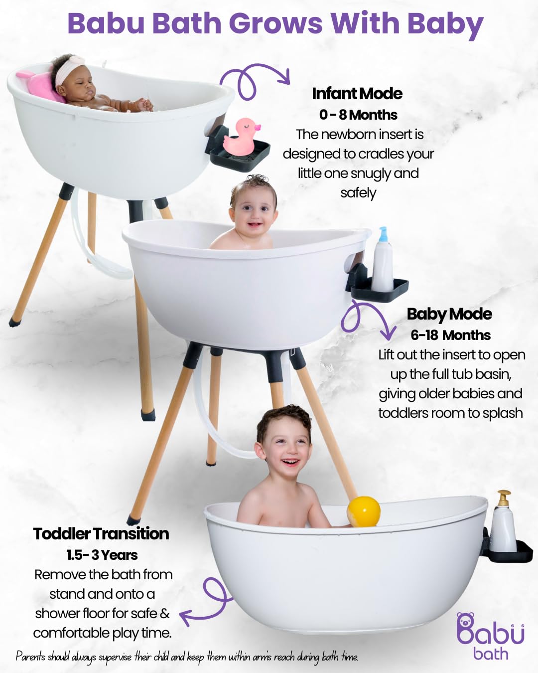 Babu Bath Luxury Baby Bathtub with Wooden Stand – 3-Stage Convertible, Ergonomic & Back-Saving Design (Black Bundle (Modern))v