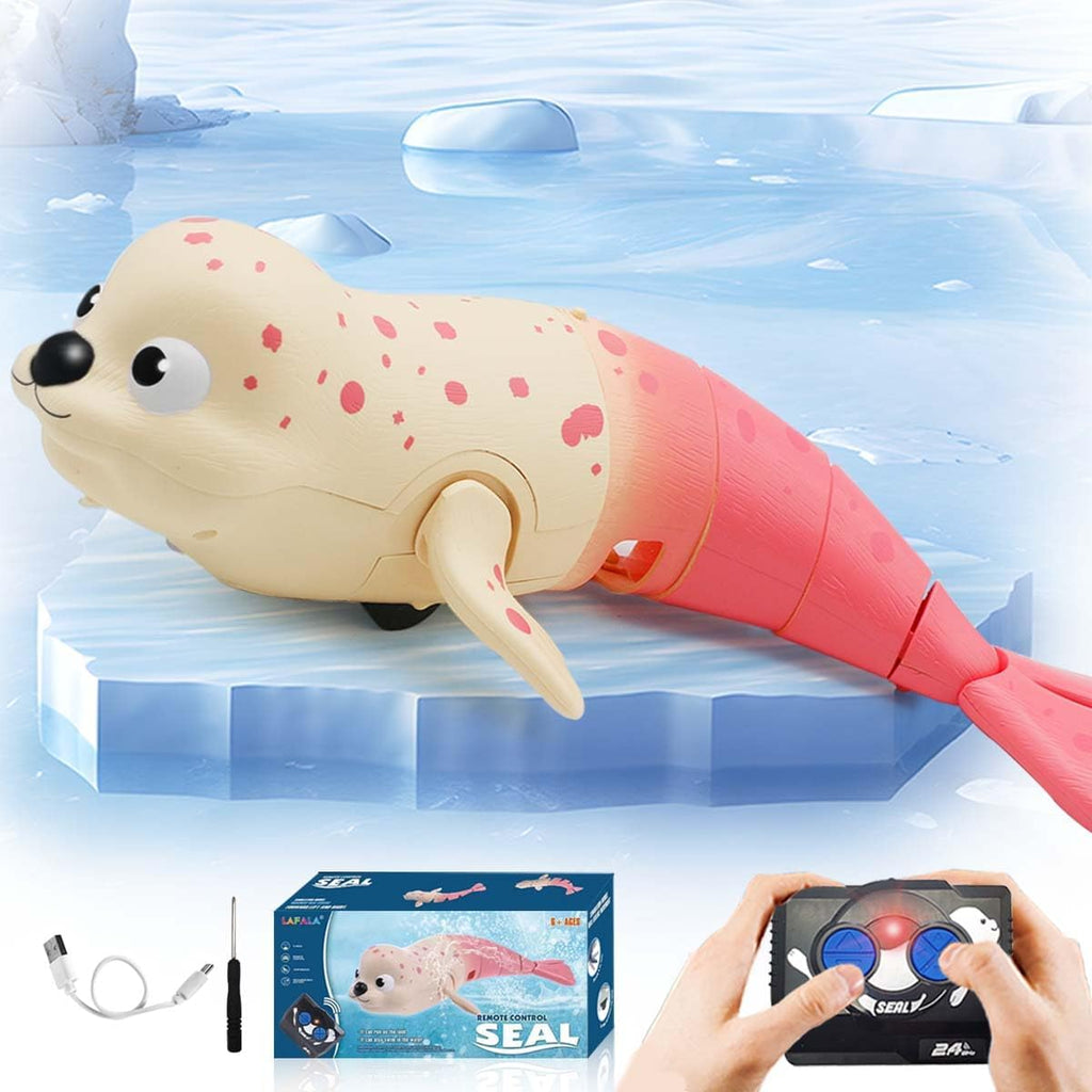 QUN XING Amphibious Remote Control Seal - 2.4Ghz Rechargeable Pool & Land Toy for Kids Ages 3-12, Waterproof Swimming & Crawling Robot with USB-C Charging,Cute Bath Toy for Toddlers & Boys Girls Pink