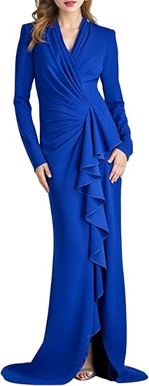 Brand: platlogy Women Formal Evening Gown Long Sleeve Neck Ruched High Slit Party Maxi Dress Female Prom Dresses
