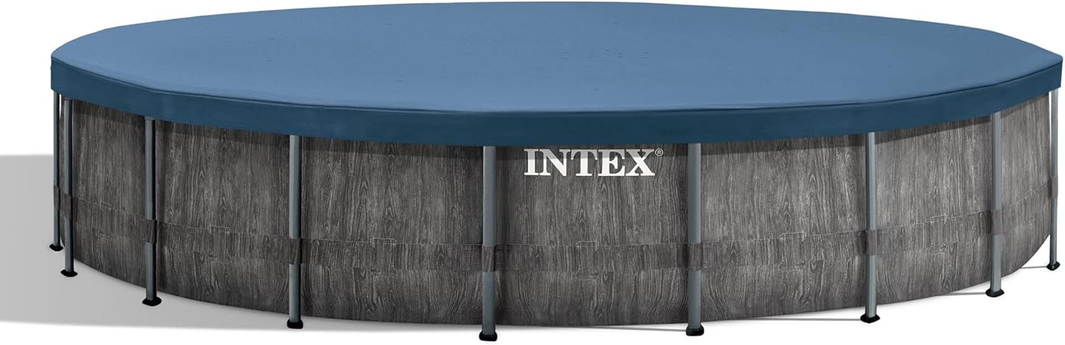 VIntex Prism Frame Round Above Ground Outdoor Swimming Pool Set with Filter Pump, Ladder, Ground Cloth, and Pool Cover, Greywood