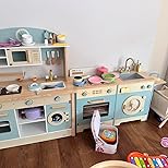 ROBUD Wooden Play Kitchen Set, Kids Toy Kitchen Set with Realistic Design, Utensils, Ice Maker, Fridge, Oven, Washer, Modern Style Play Kitchen with Accessories, Ideal Gift for