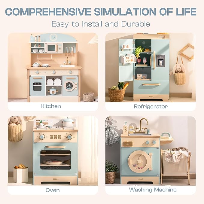 ROBUD Wooden Play Kitchen Set, Kids Toy Kitchen Set with Realistic Design, Utensils, Ice Maker, Fridge, Oven, Washer, Modern Style Play Kitchen with Accessories, Ideal Gift for