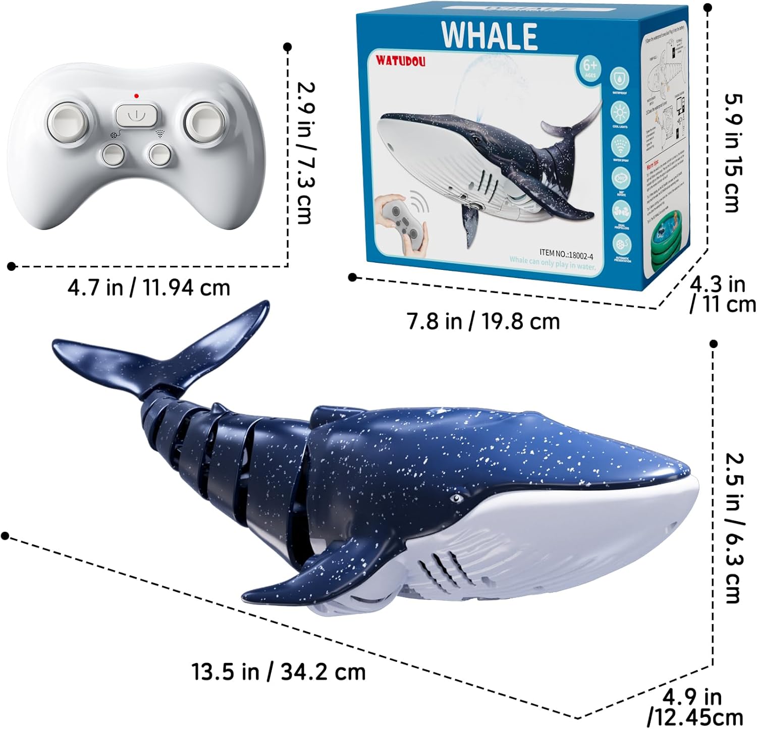 Remote Control Whale Shark Toys for Boys Kids, 1:18 Scale High Simulation Shark for Pool, 2.4Ghz Electric RC Shark Boat Fish Toys with Light & Spray, Toy Shark Gifts for 6 7 8 9 Year olds Kid Boy Girl