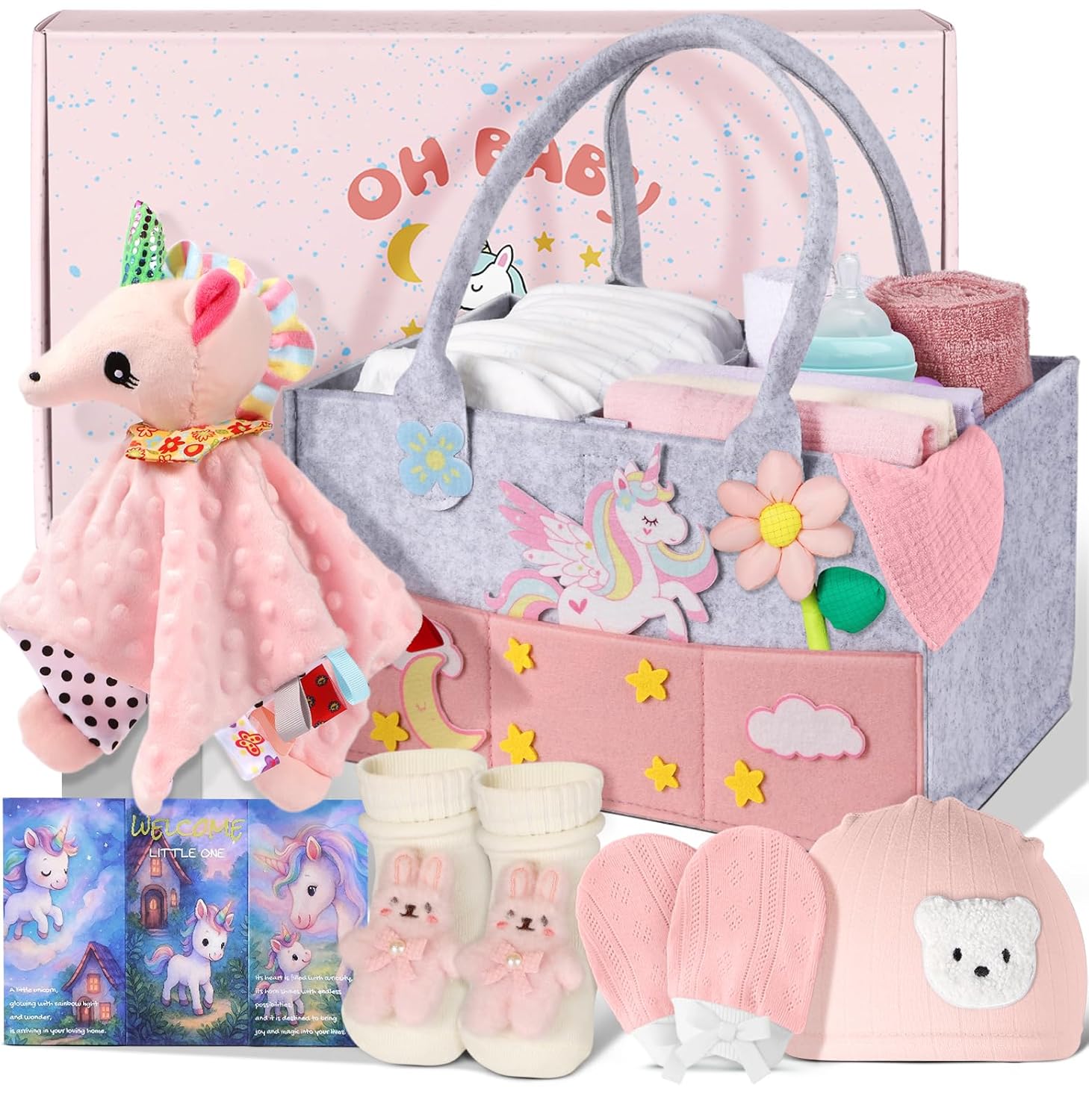 Coralogo Baby Shower Gift Basket - Baby Gift Set with Diaper Caddy, Gifts for New Mom, Gender Reveal Gifts, New Born Essential Include Security Blanket Hat Bib Socks Mittens, Girl