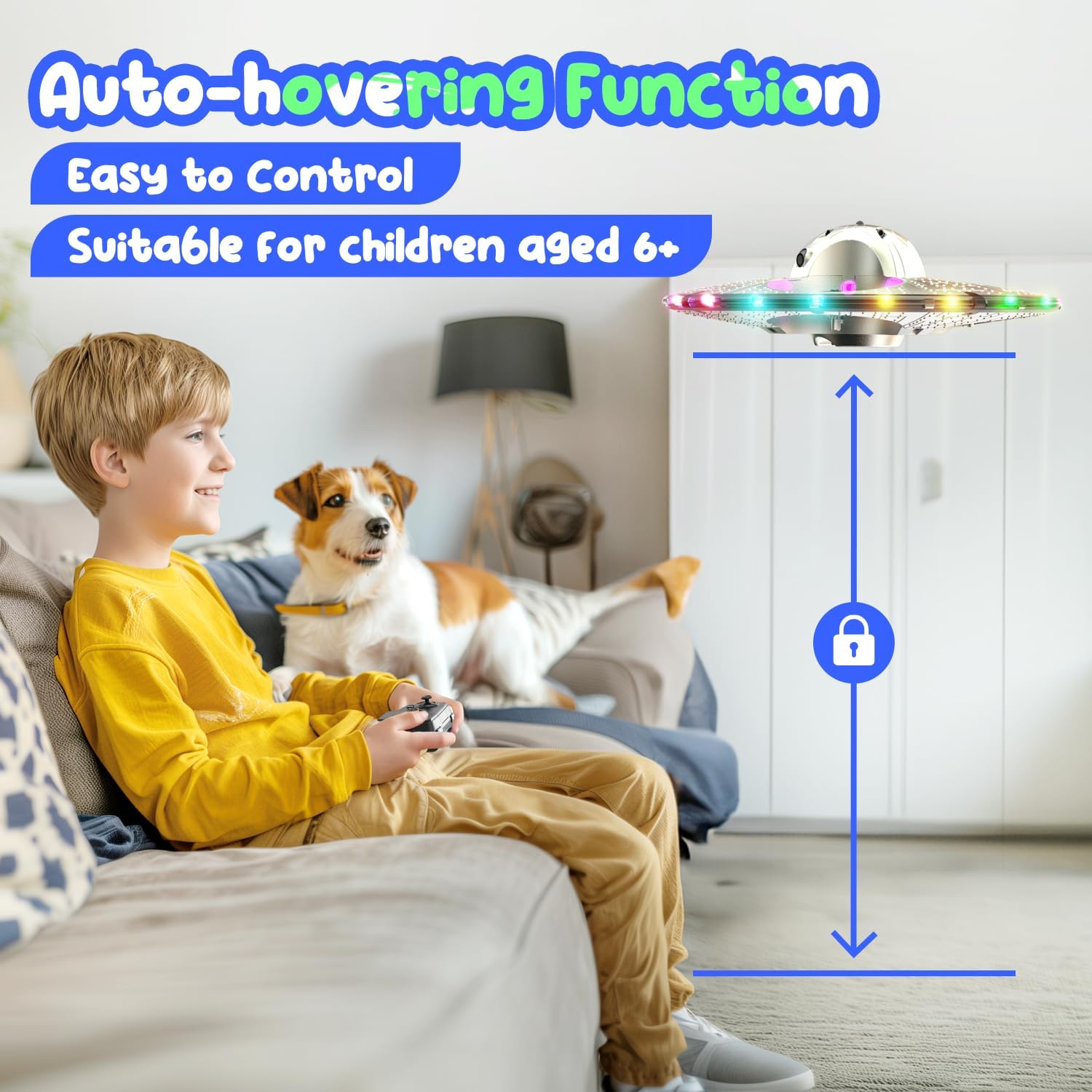 vFoam UFO Drone for Kids – RC Plane with Colorful LED Lights, Remote Control Helicopter with Auto Hover, 2 Batteries (15 Mins Flight)