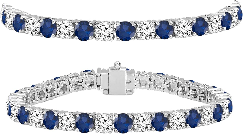 Dazzlingrock Collection 18K Round Real Blue Sapphire & White Diamond Womens Tennis Bracelet, Solid White Gold