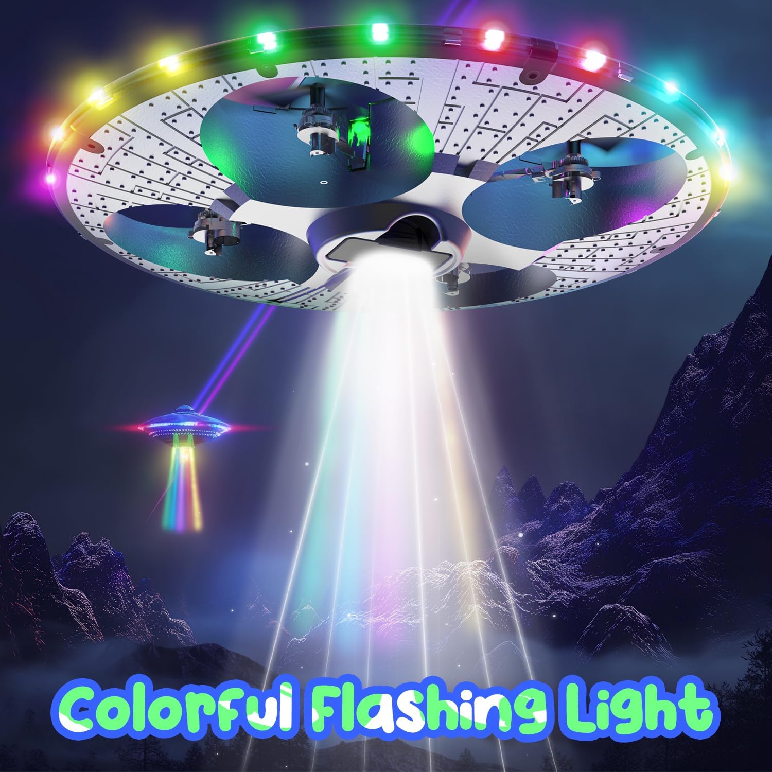 vFoam UFO Drone for Kids – RC Plane with Colorful LED Lights, Remote Control Helicopter with Auto Hover, 2 Batteries (15 Mins Flight)