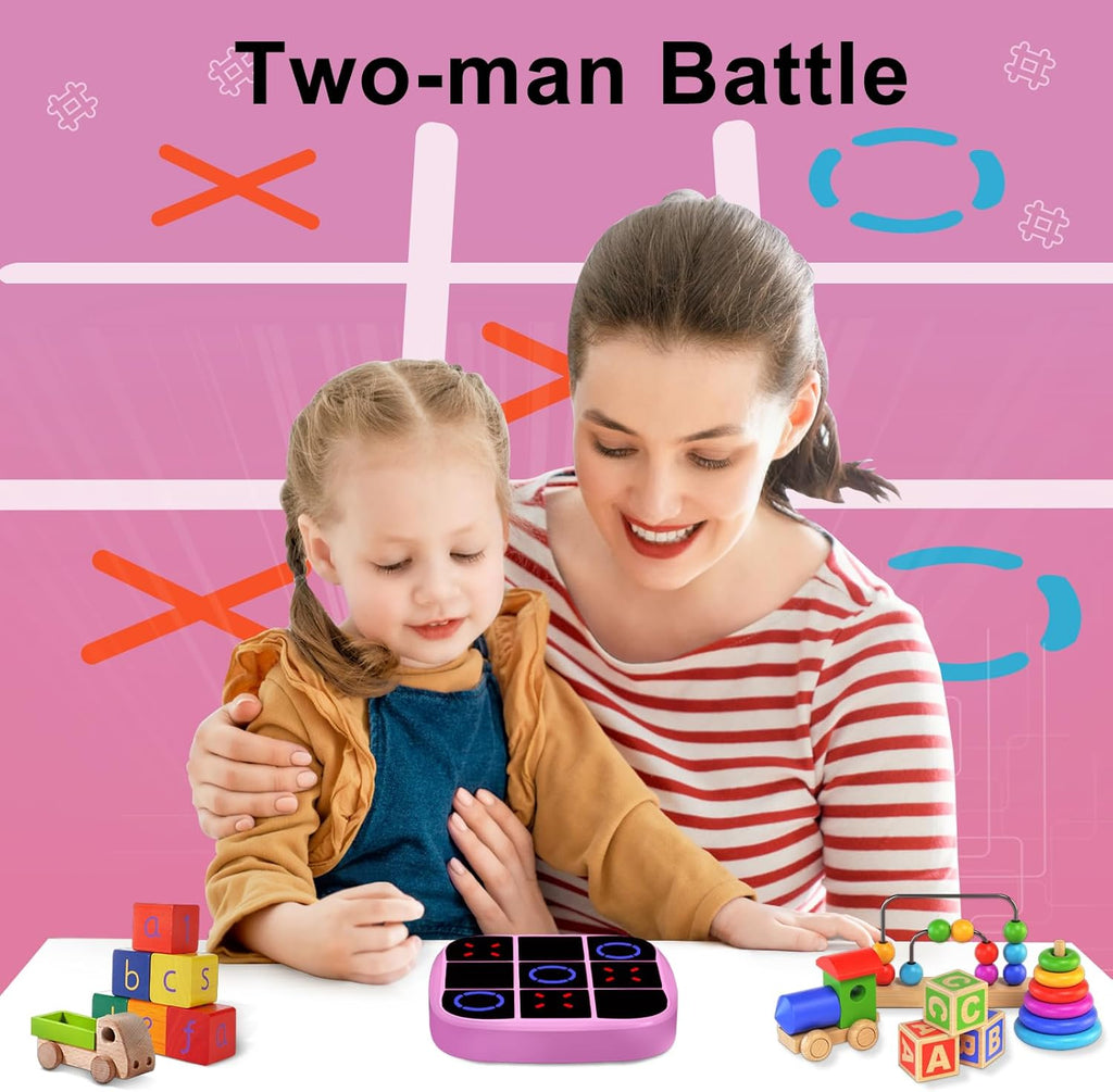 vTic-Tac-Toe Bolt Game, 4-in-1 Handheld Puzzle Games Console, Electronic Tic-Tac-Toe Game for Educational and Memory Growth, Portable Travel Games for Car Ride, Board Games for Kids and Adults (Pink)