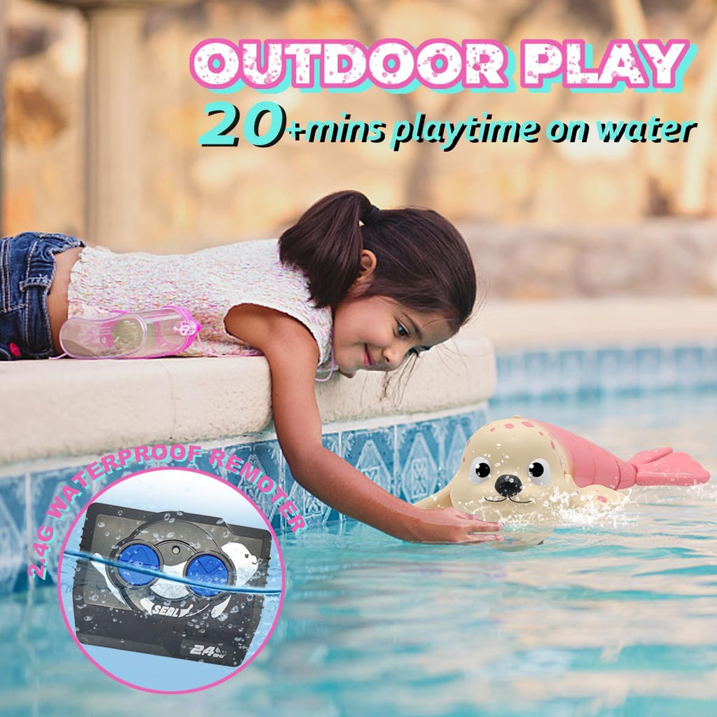 QUN XING Amphibious Remote Control Seal - 2.4Ghz Rechargeable Pool & Land Toy for Kids Ages 3-12, Waterproof Swimming & Crawling Robot with USB-C Charging,Cute Bath Toy for Toddlers & Boys Girls Pink