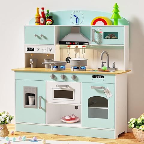 ROBUD Wooden Play Kitchen Set, Kids Toy Kitchen Set with Realistic Design, Utensils, Ice Maker, Fridge, Oven, Washer, Modern Style Play Kitchen with Accessories, Ideal Gift for
