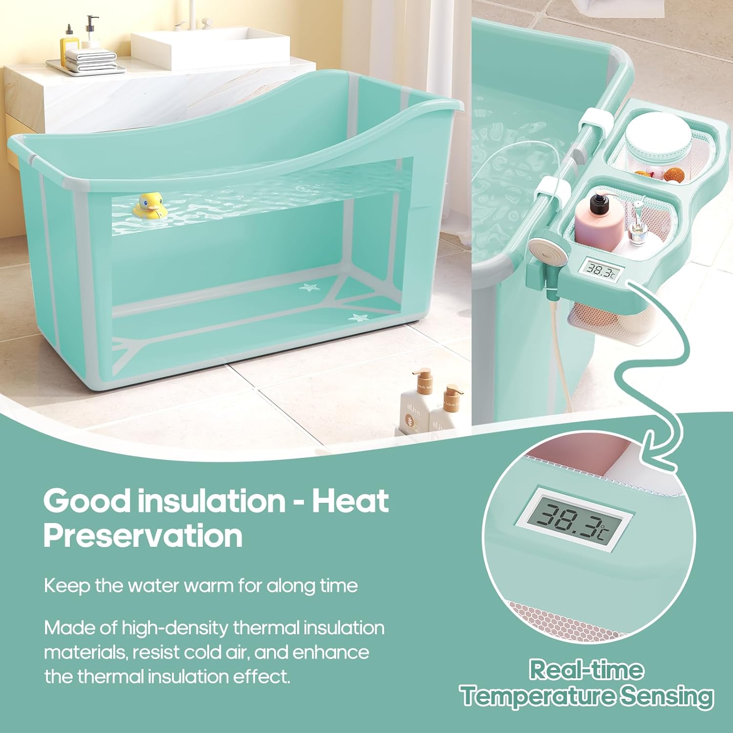 Collapsible Baby Bathtub Foldable Bathtub for Toddler Portable Large Foldable Bath Tub Bathtub for Kids Petite with Thermometer and Storage Basket (Pink)