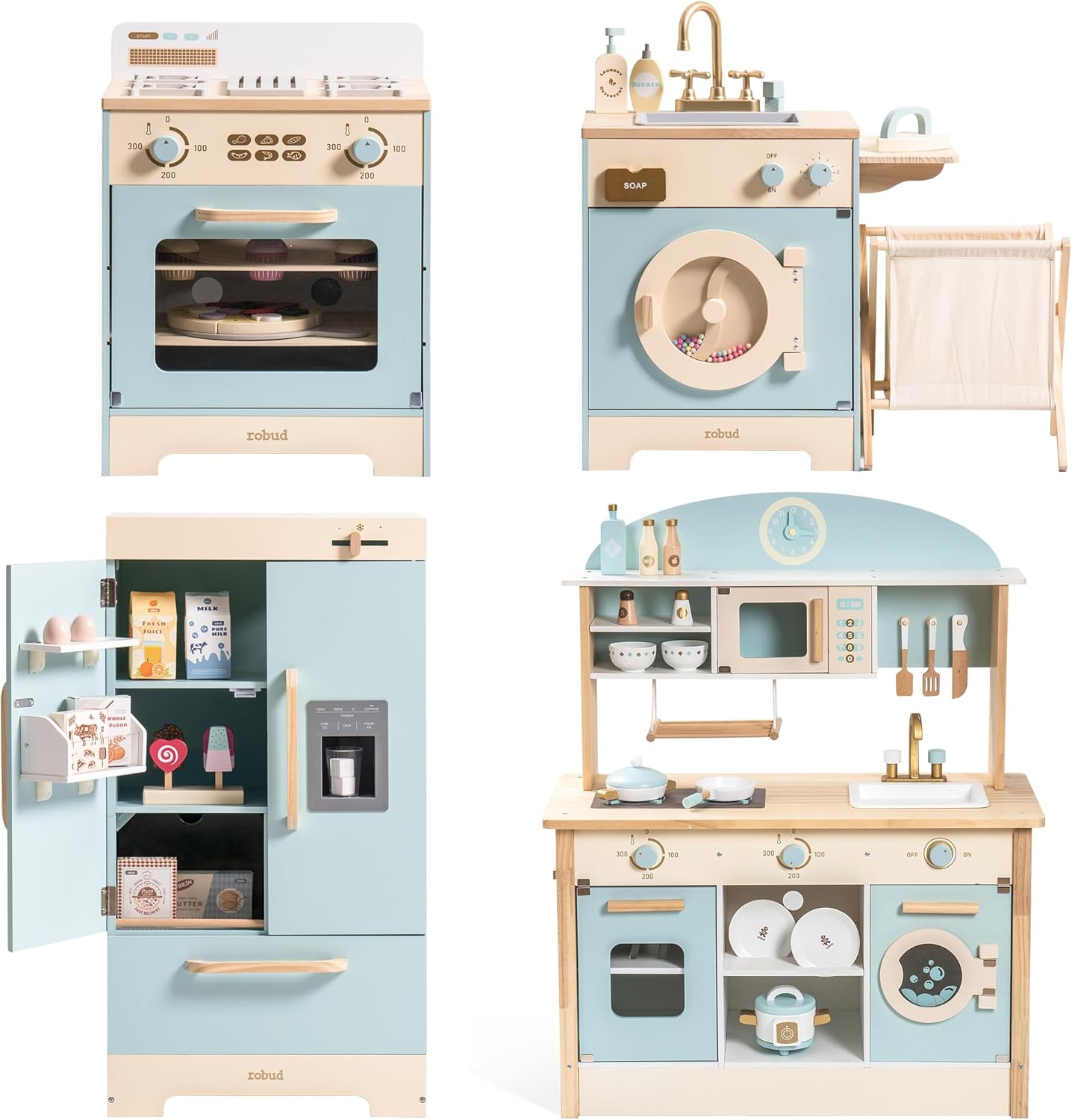 ROBUD Wooden Play Kitchen Set, Kids Toy Kitchen Set with Realistic Design, Utensils, Ice Maker, Fridge, Oven, Washer, Modern Style Play Kitchen with Accessories, Ideal Gift for