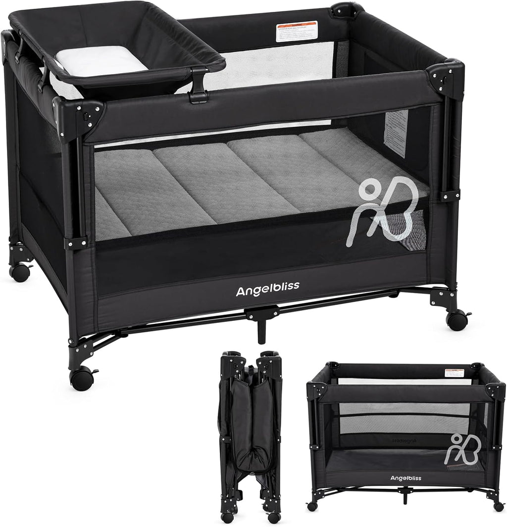 ANGELBLISS Baby Bassinet Bedside Crib, Pack and Play with Mattress, Diaper Changer, One-Push Setup Playards from Infants to Toddlers (Balck)