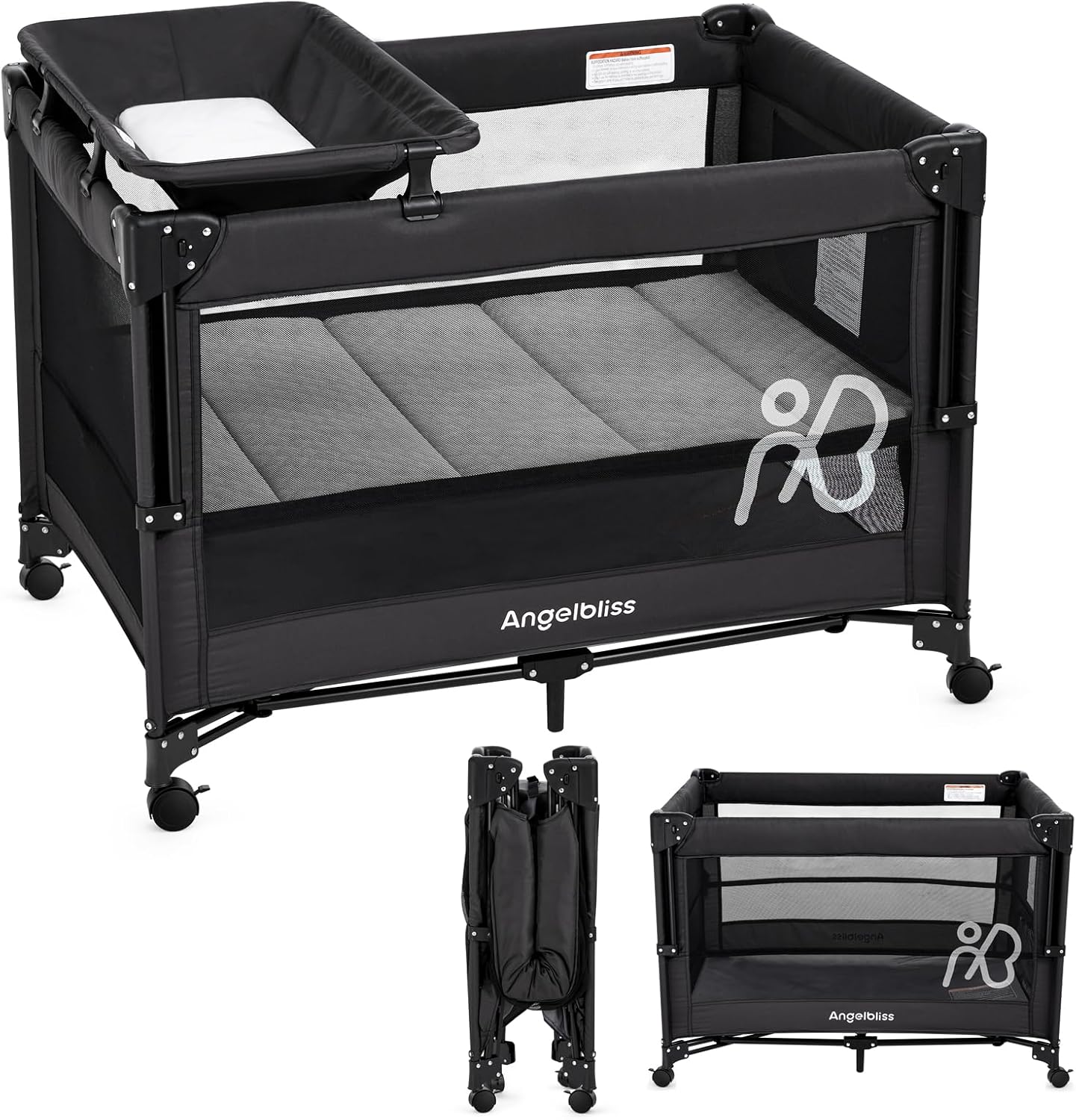 ANGELBLISS Baby Bassinet Bedside Crib, Pack and Play with Mattress, Diaper Changer, One-Push Setup Playards from Infants to Toddlers (Balck)