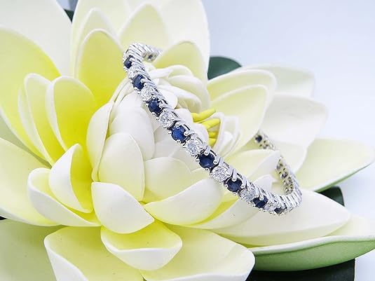 Dazzlingrock Collection 18K Round Real Blue Sapphire & White Diamond Womens Tennis Bracelet, Solid White Gold