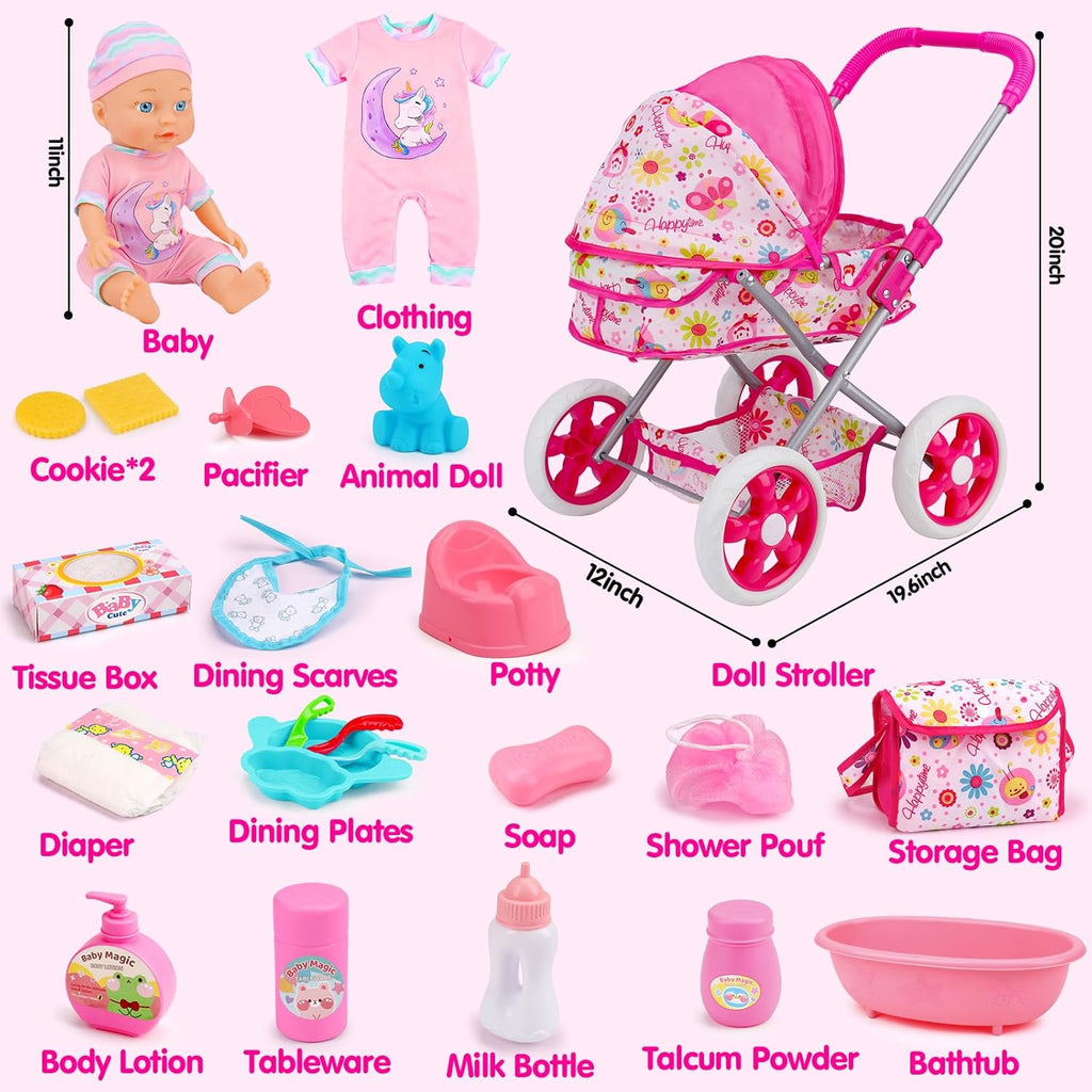 Baby Doll Stroller Set Toys for Girls Toddlers 3-5 4-6 5-7, Baby Doll Playset with 11" Doll, Bathtub and 20PCS Baby Doll Accessories, Baby Stroller Toys for 2 3 4 Year Old Girls Birthday Gifts