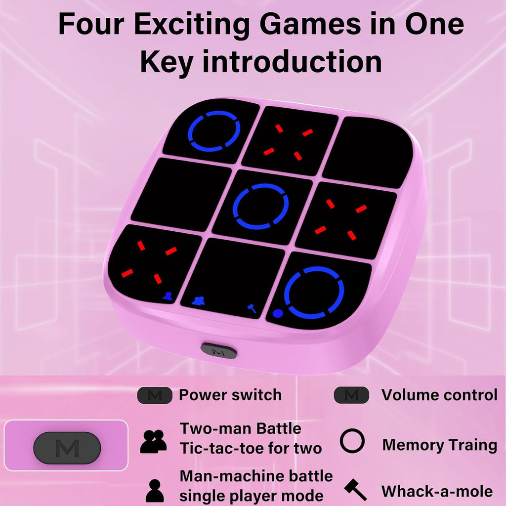 vTic-Tac-Toe Bolt Game, 4-in-1 Handheld Puzzle Games Console, Electronic Tic-Tac-Toe Game for Educational and Memory Growth, Portable Travel Games for Car Ride, Board Games for Kids and Adults (Pink)
