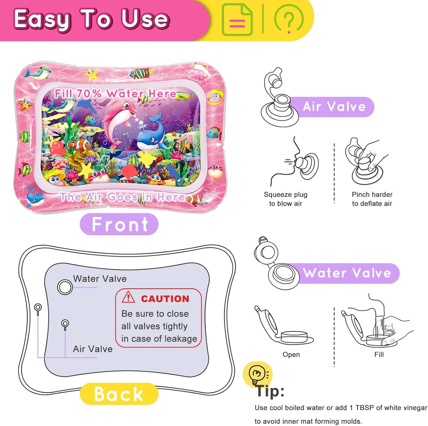 vInfinno Tummy Time Water Mat for Babies, Baby Toys for 3 6 9 Months Girls and Boys Sensory Development, Great Gift Idea for Newborns