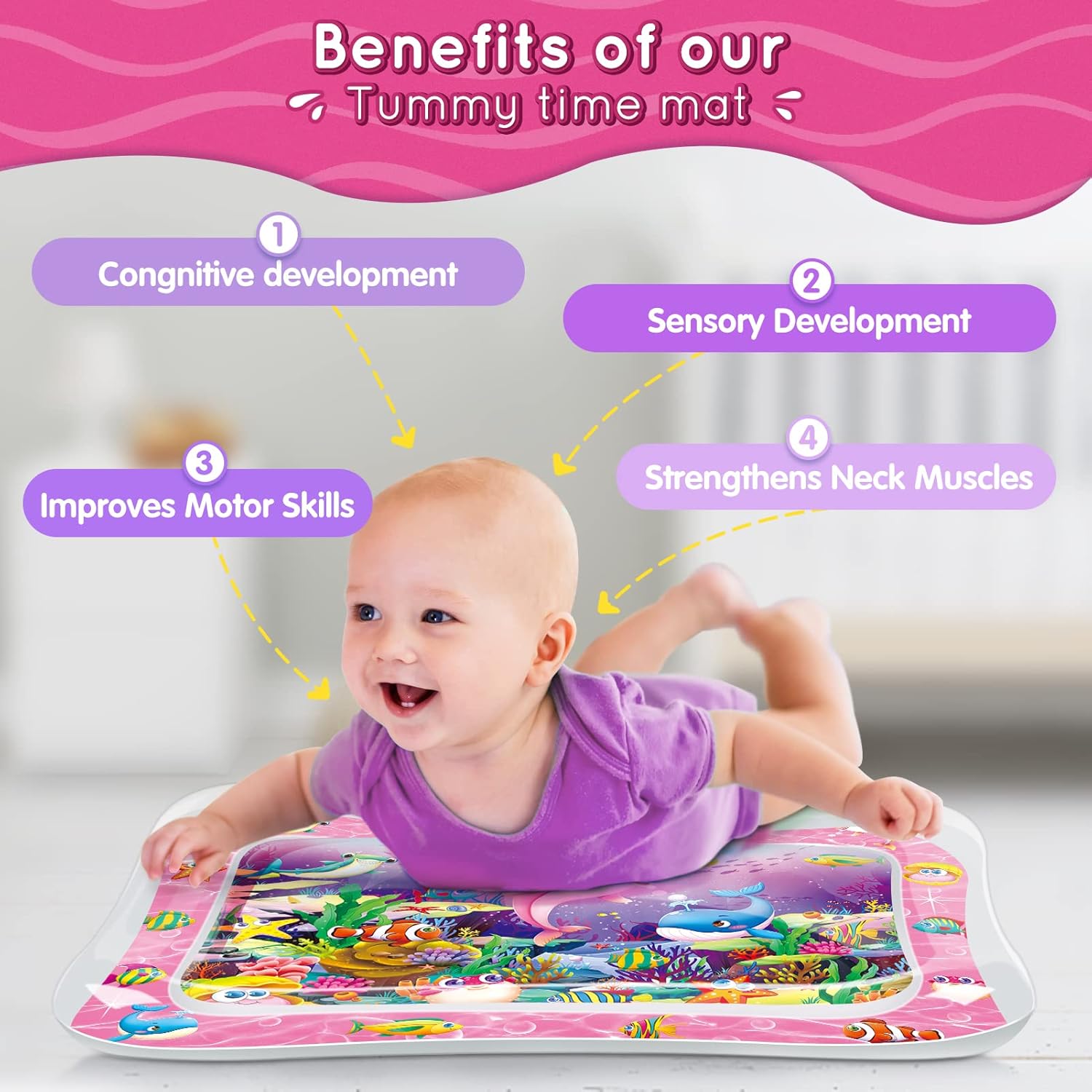 vInfinno Tummy Time Water Mat for Babies, Baby Toys for 3 6 9 Months Girls and Boys Sensory Development, Great Gift Idea for Newborns