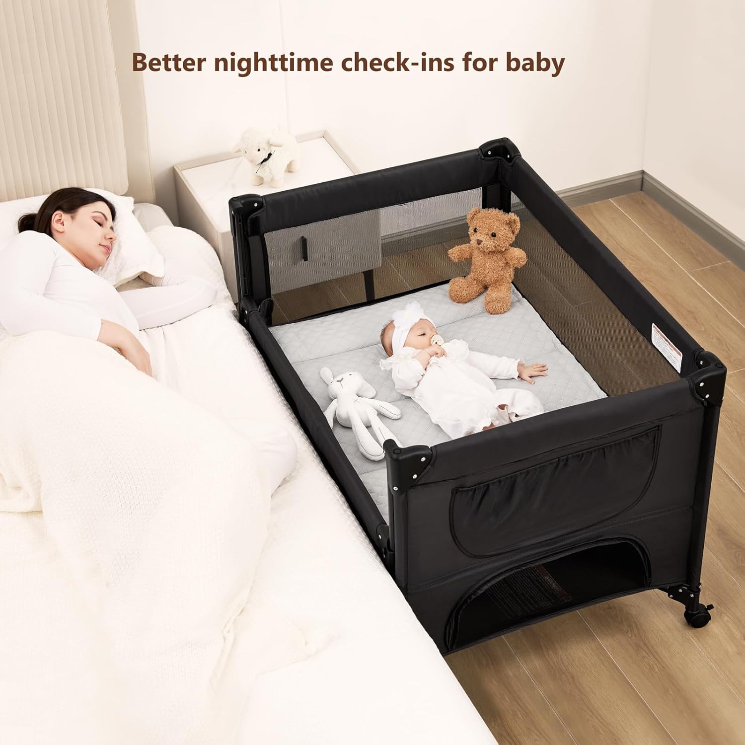 ANGELBLISS Baby Bassinet Bedside Crib, Pack and Play with Mattress, Diaper Changer, One-Push Setup Playards from Infants to Toddlers (Balck)