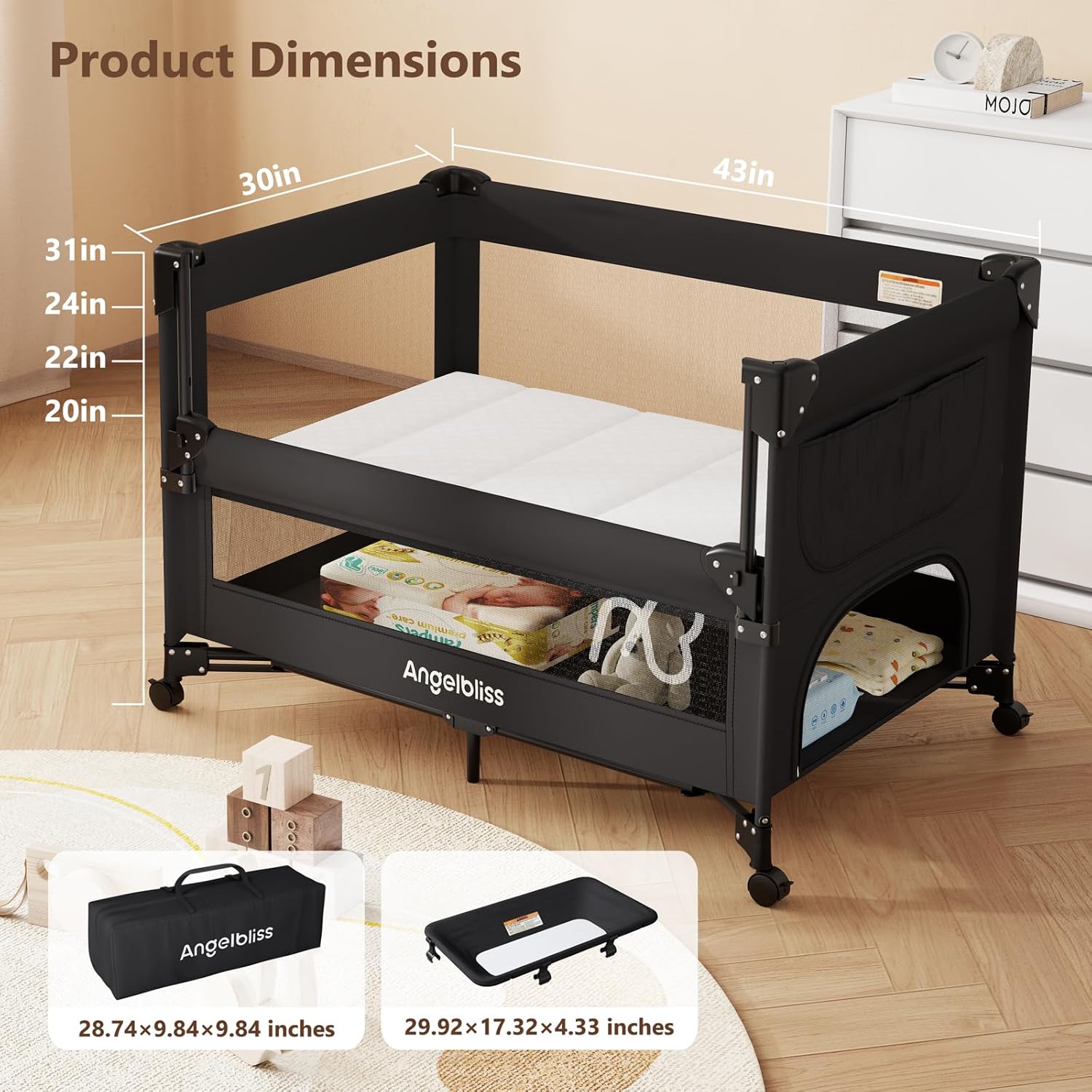 ANGELBLISS Baby Bassinet Bedside Crib, Pack and Play with Mattress, Diaper Changer, One-Push Setup Playards from Infants to Toddlers (Balck)
